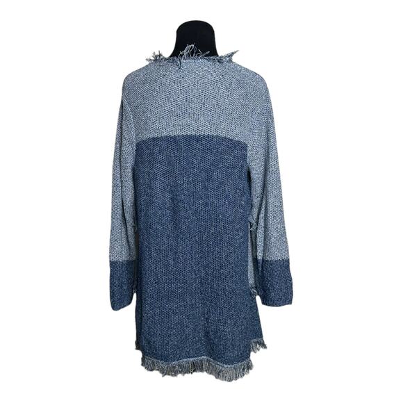 Chicos Blue Patchworks Long Sleeves Fringe Open Front Cardigan size 0 - S - Picture 2 of 12